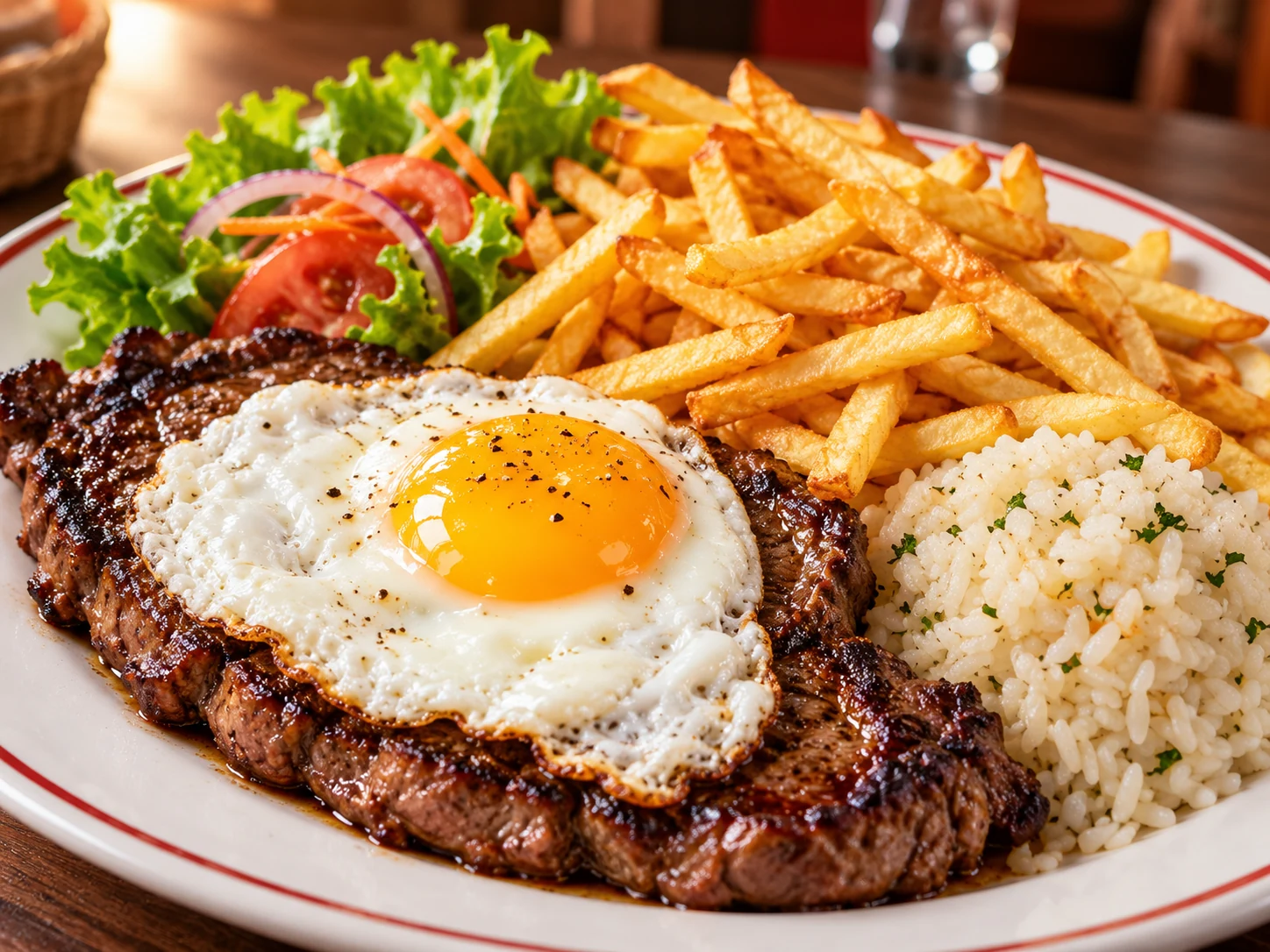 Visuel d'ambiance d'une assiette généreuse de viande grillée, œuf, frites, riz et salade